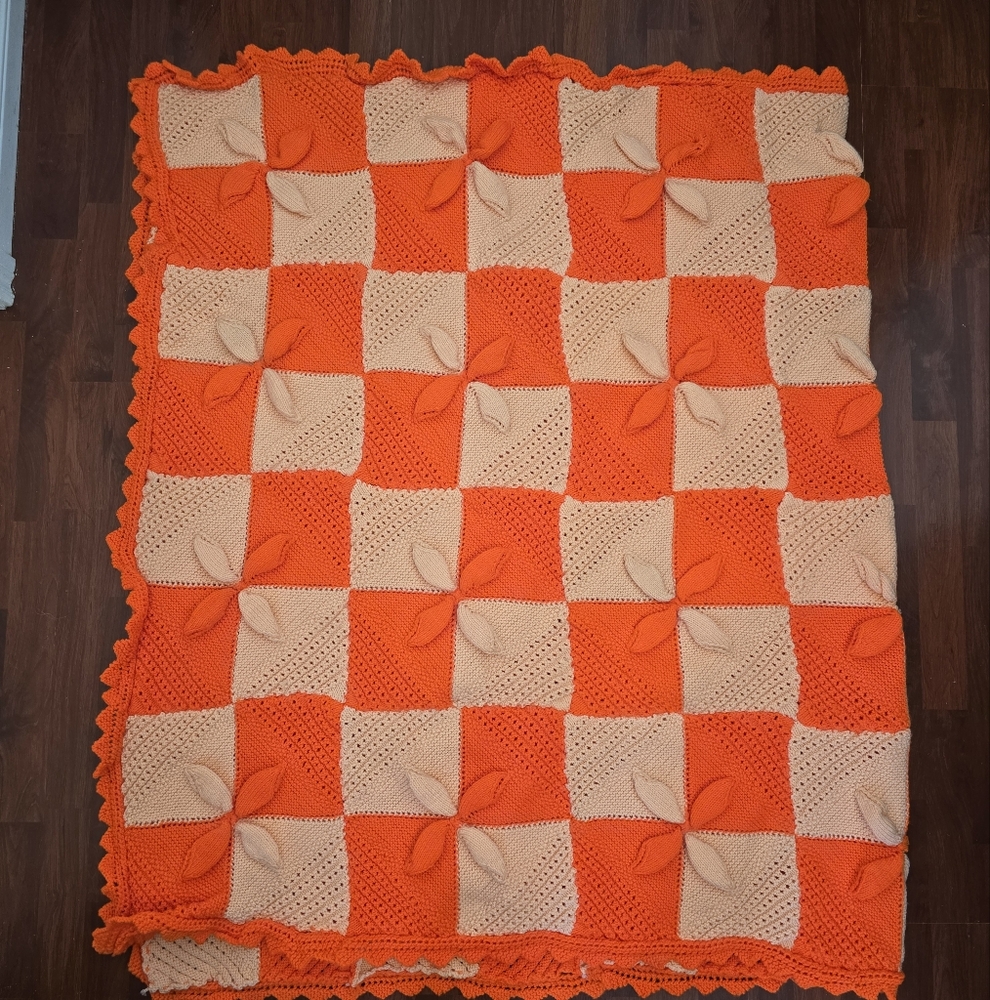 Granny Square Afghan Orange and Cream Knitted Blanket Throw 84"x52" Leaf Flower